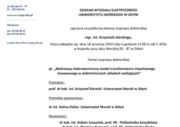 Obrona rozprawy doktorskiej mgr. inż. Krzysztofa G&oacute;rskiego