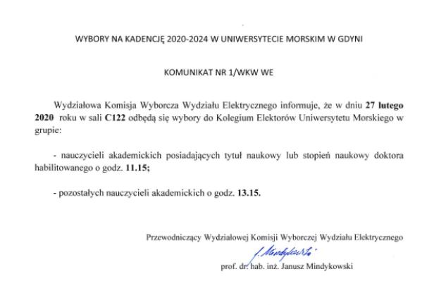 Komunikat Wydziałowej Komisji Wyborczej Wydziału Elektrycznego